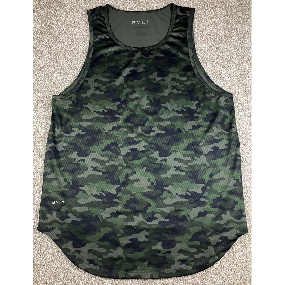 BYLT Basics Mens Performance Tank Top Green Camo Drop Cut Size Medium